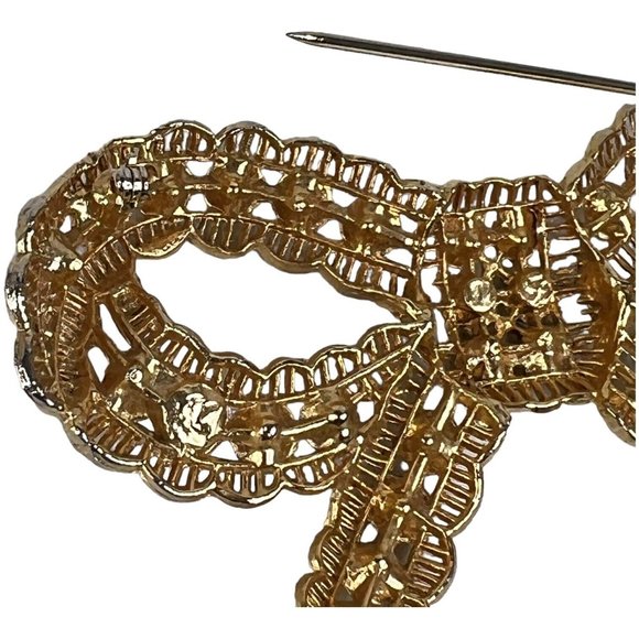Vintage Large Clear Rhinestone Bow Brooch Gold Tone Pin 3 3/4 Inch L N - Picture 8 of 10